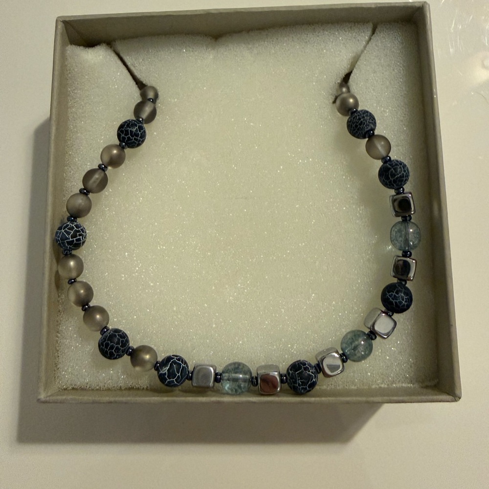 Murano Glass Beaded Women's Necklace in Navy Blue, Gray and Silver